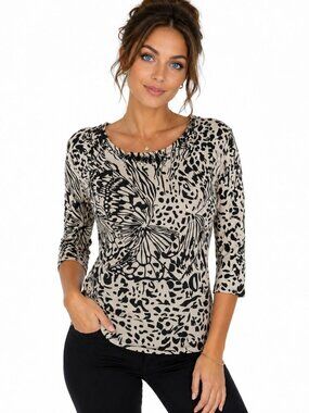 Vertigo Black White Animal Butterfly Print Top Size M Boho Stretch Knit